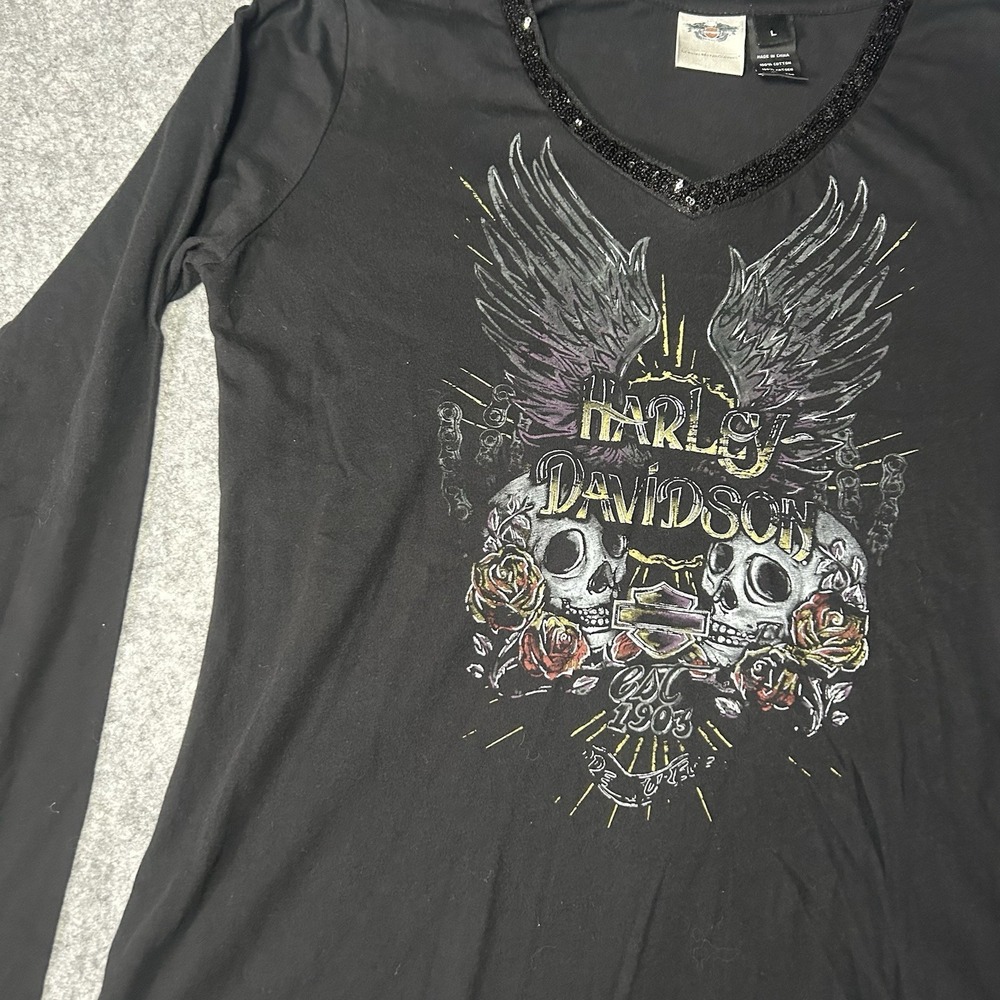 Harley Davidson Sequin Women's Large V Neck Skull Long Sleeve Black Shirt Y2k - Picture 3 of 9